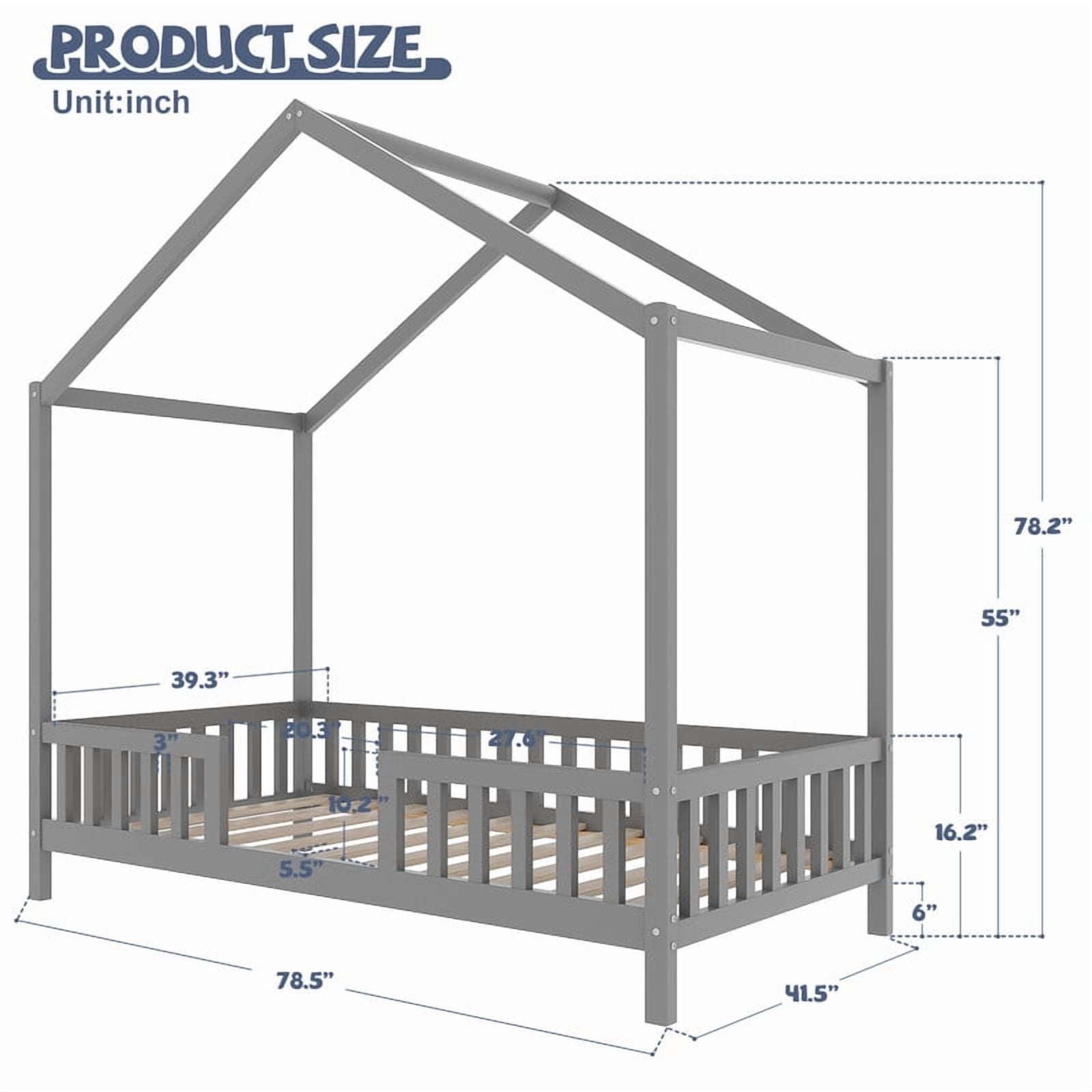 Bellemave Twin Size Canopy Bed, Montessori Floor Bed with High Railings, Wooden Twin Bed with Roof, House Shaped Bed Twin, Grey