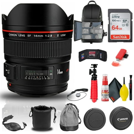 Canon EF 14mm F/2.8L II USM Lens (2045B002) + BackPack + 64GB Card + More (International Version)