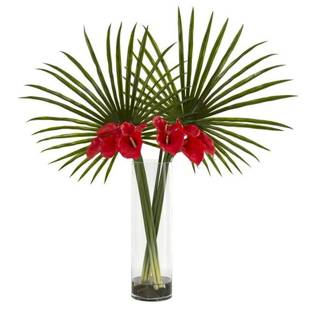 Nearly Natural 1543-RD Fan Palm & Calla Lily Artificial Arrangement - Red