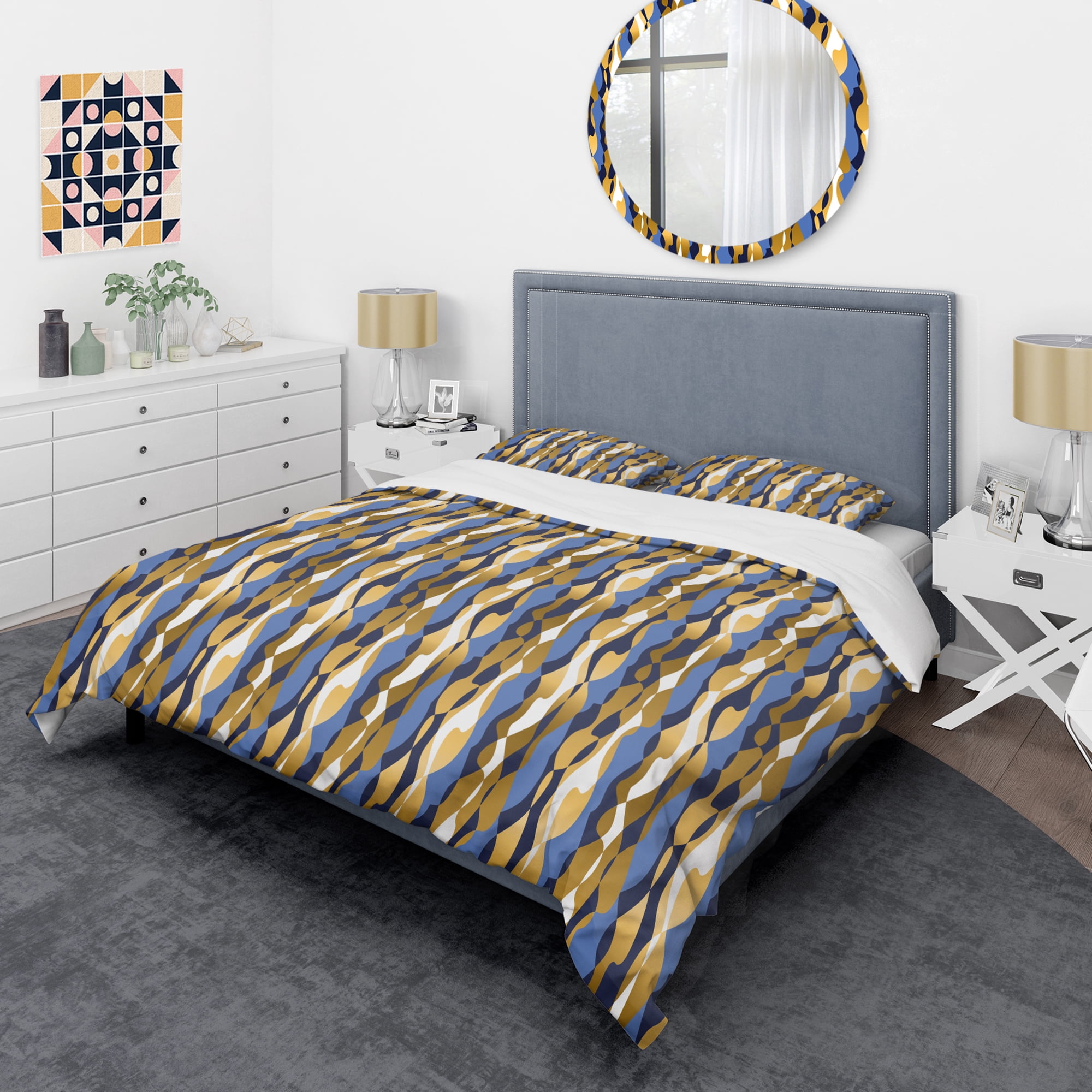 Designart 'Retro Luxury Waves In Gold And Blue I' Mid-Century Modern Duvet Cover Set