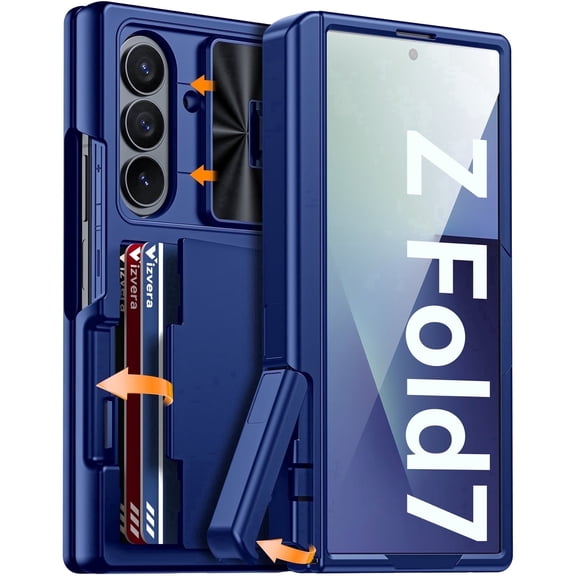 Vizvera for Samsung Galaxy Z Fold 7 Case,with [Cards Holder] [Kickstand] [Camera Cover] Shockproof Silicone Protective Phone Case-Blue