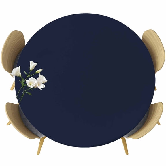Solid Color Round Fitted Table Cover Dark Blue Waterproof Table Cloth with Elastic Edge Wipeable Tablecloth for Picnic Camping Party Fits 55"-60" Diameter