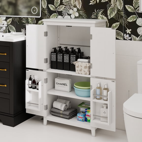 Elegant Bathroom Floor Storage Cabinet, Bathroom Storage Unit, Freestanding Cabinet with 4 Doors, Adjustable Shelves, Adaptable Shelves, White