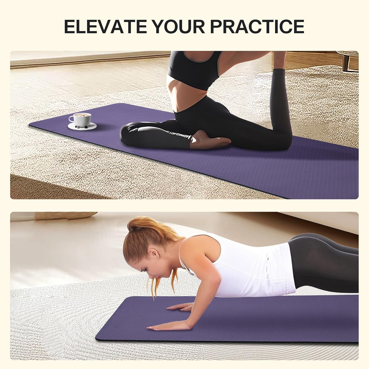 Non-Slip TPE Yoga Mat for Women & Men, 72"x24" Extra-Long Pilates Mats for Hot Yoga, HIIT, Floor Workouts, Lightweight Fitness Mat with Dual Grip