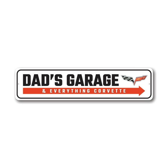 Dad's Garage And Everything Corvette Chevy Metal Sign, Novelty Car Sign, Garage Decor - 4x18 inches