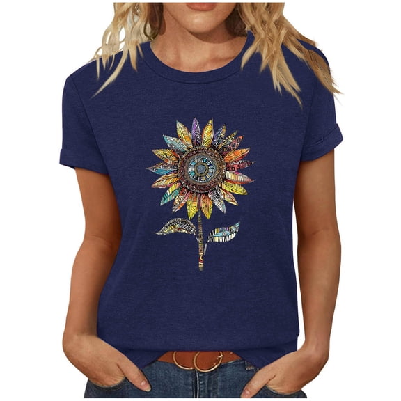 Sokhug T Shirts for Women Crewneck Flowers Graphic Tees Summer Cute Shirts Short Sleeve Tops