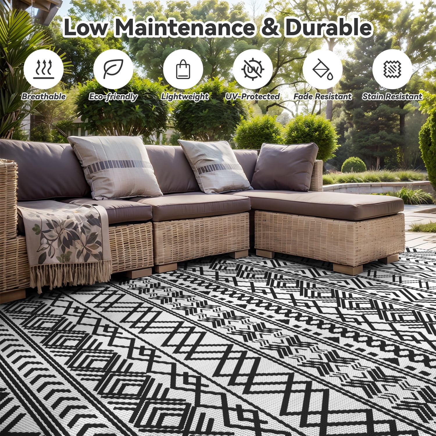 SIXHOME Outdoor Rug 5'x8' Waterproof Reversible Patio Rug Boho Geometric Indoor Outdoor Rugs Lightweight Plastic Straw Ourdoor Carpet for RV Camping Deck Balcony Modern Porch Decor Black and White