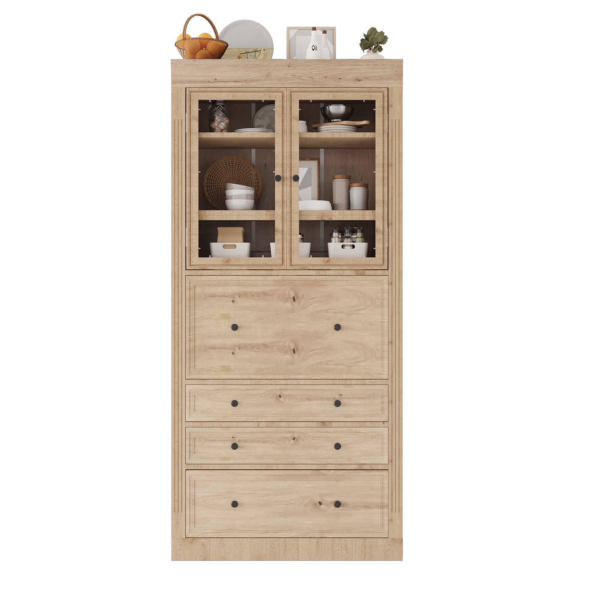 Euroco 36x16.5x78inch Freestanding Kitchen Pantry Storage Cabinet,Multifunctional Cupboard with 3 Drawers,Adjustable Shelves and Power Outlet for Dining,Living Room,Natural