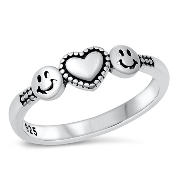 Smiley Happy Face Heart Love Ring .925 Sterling Silver Band Jewelry Female Male Unisex Size 10