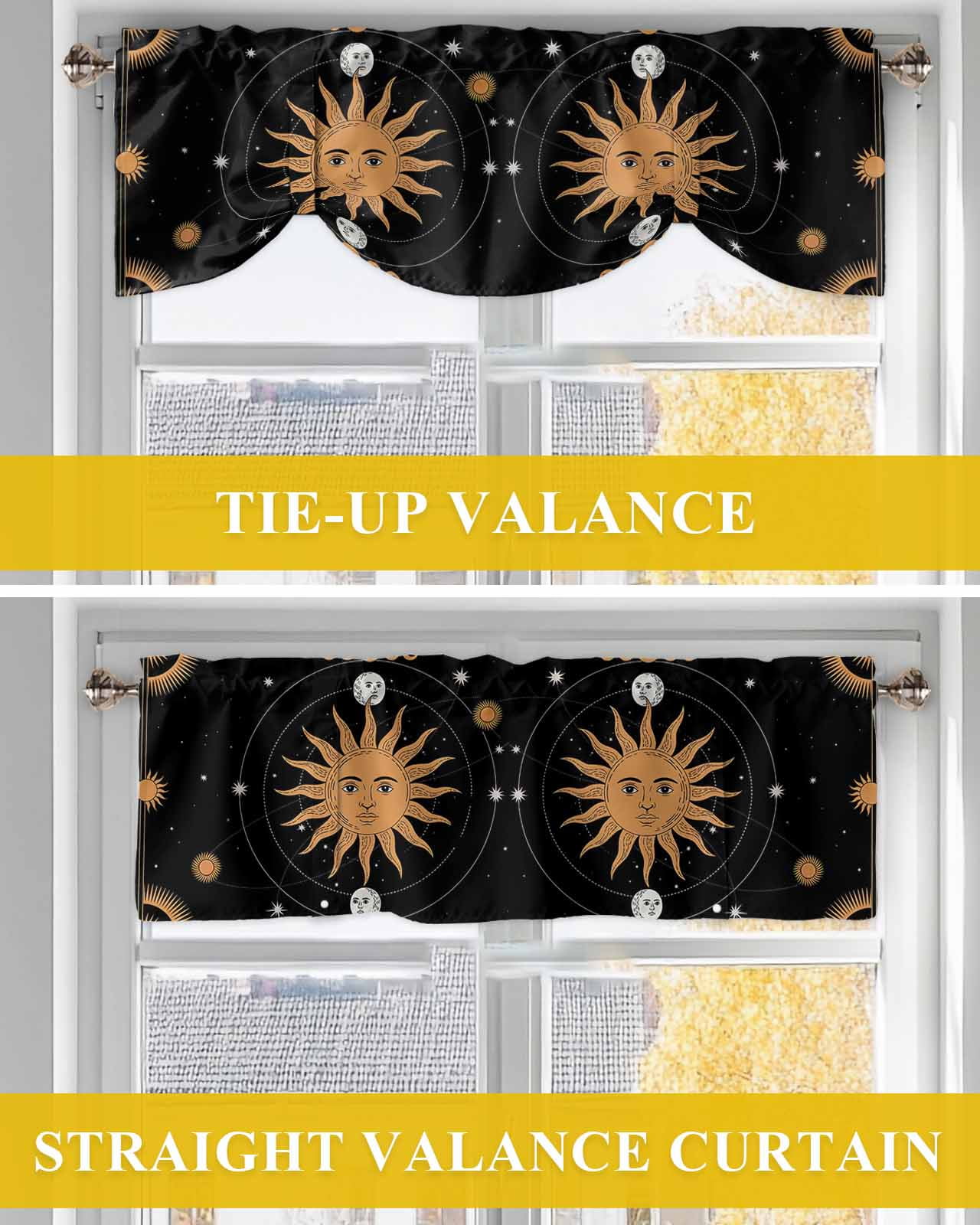 Tarot Tie Up Valances Curtain, Adjustable Kitchen Sun Moon Valances for Windows Decor, Rod Pocket Short Curtains Set for Bedroom/Bathroom, 60"x18"
