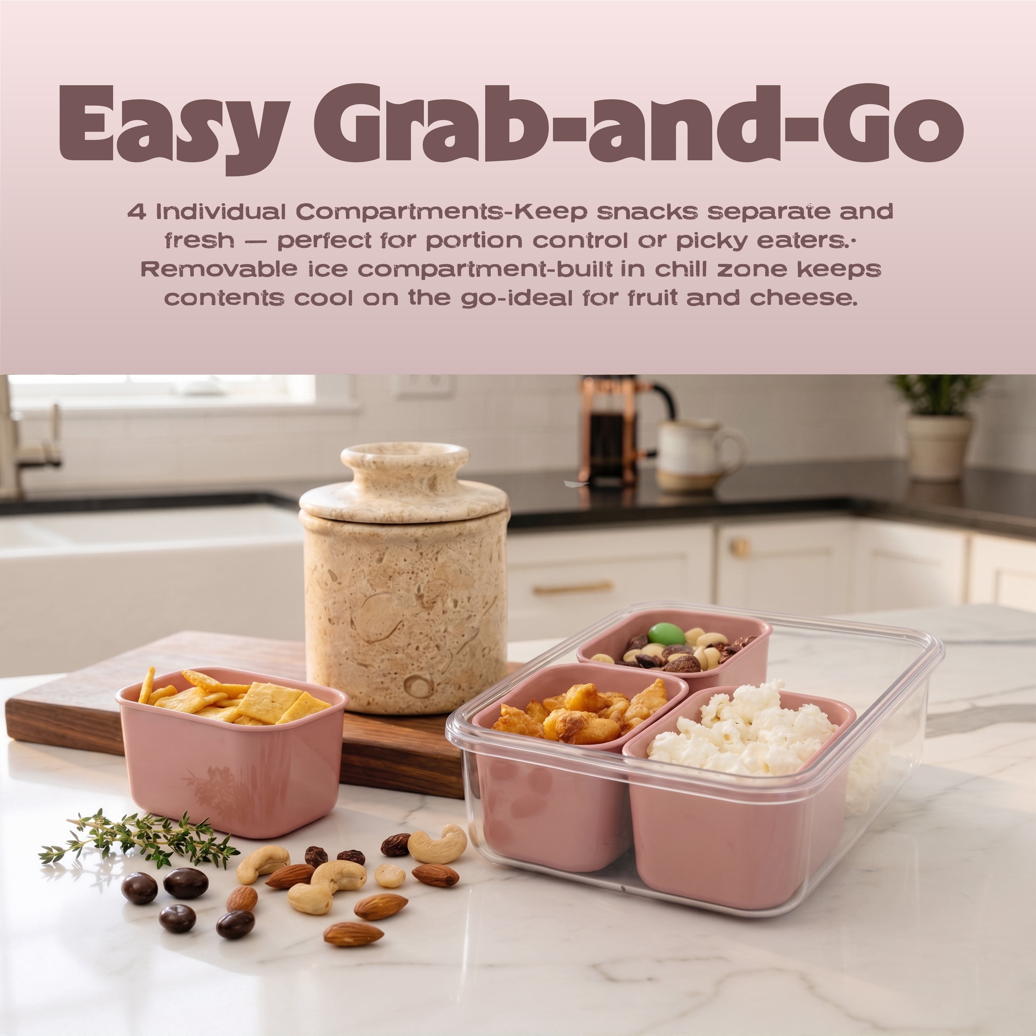 Cook with Color Pink Portable 4-Compartment Snack Food Storage Container, Portable and Dishwasher Safe with Ice Packs