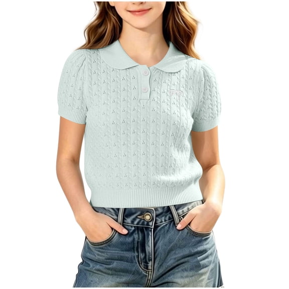 jobturf Girls Peter Pan Collar Short Sleeve Knit Top Bow Embroidery Cropped Sweater Tee School Uniform Tshirts Size 2-15 Years