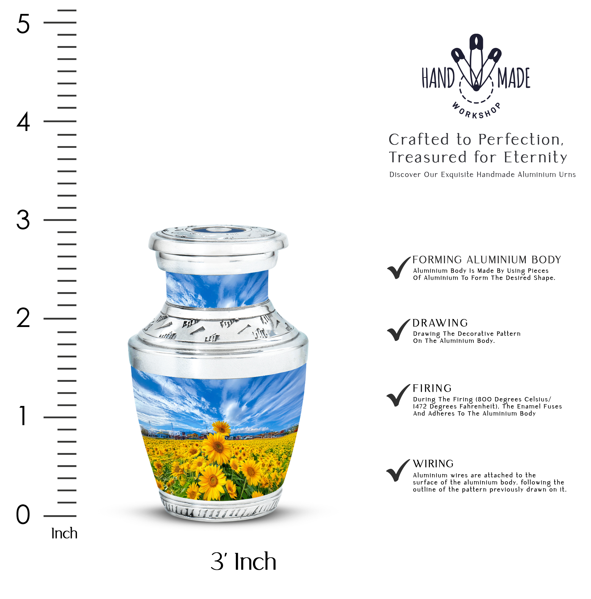 MUKTIVE Sunflowers Handcrafted Men Cremation Urns for Ashes for Funeral & Burial, Keepsake Blue Urns for Human Ashes Adult Female & Male, 3 Inch, 3 Cubic Inches Capacity
