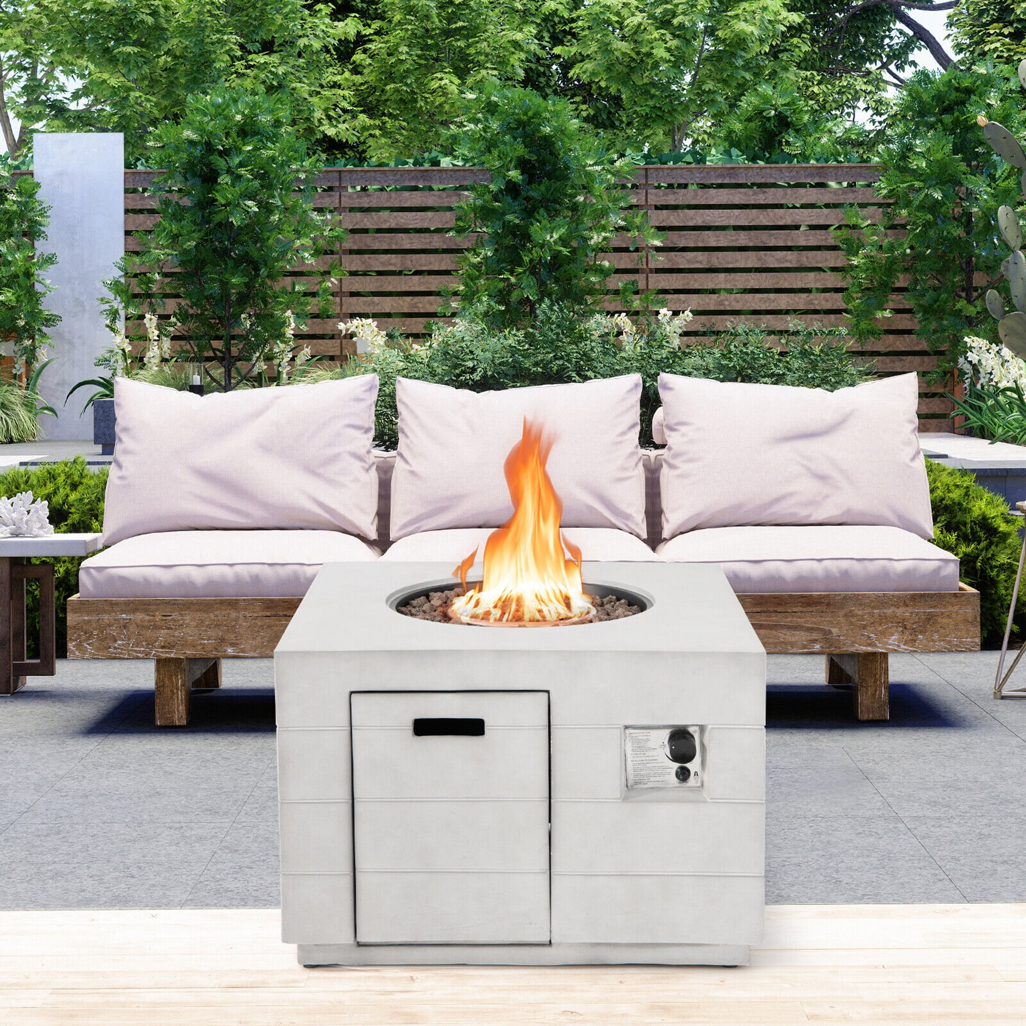 Gymax 34'' Square Concrete Propane Fire Pit Table w/ Lava Rocks Rain Cover 50,000 BTU