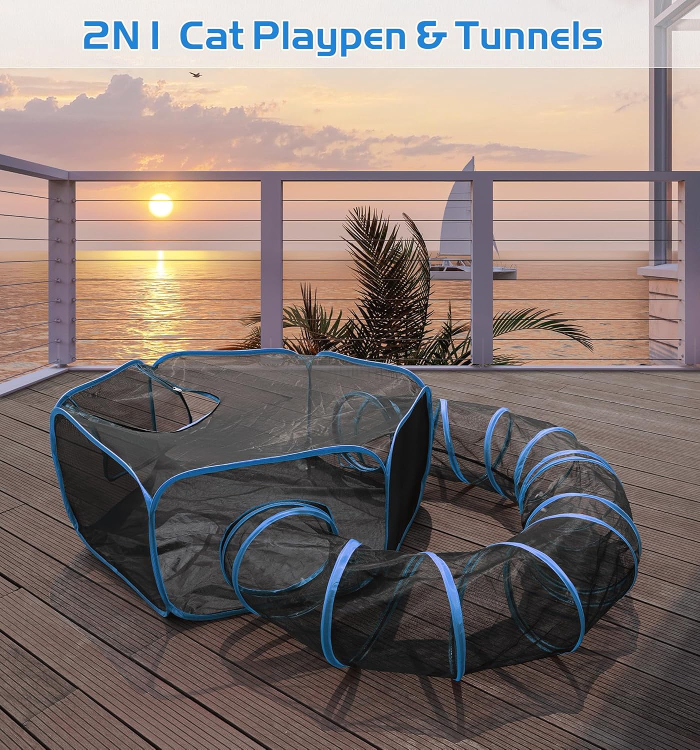 Senhu Outdoor Cat Enclosures, Portable Cat Tent for Outside Cat Playpen Enclosed with Tunnel, Catio Cat Enclosure for Indoor Cats and Other Small Animals Blue