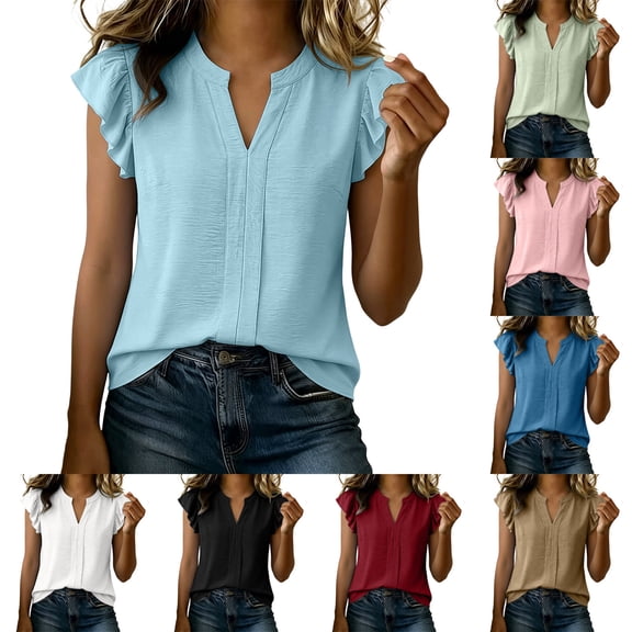 Antinious Women V-Neck Solid Puff Sleeve Short Sleeve Casual Comfortable Basic Tops