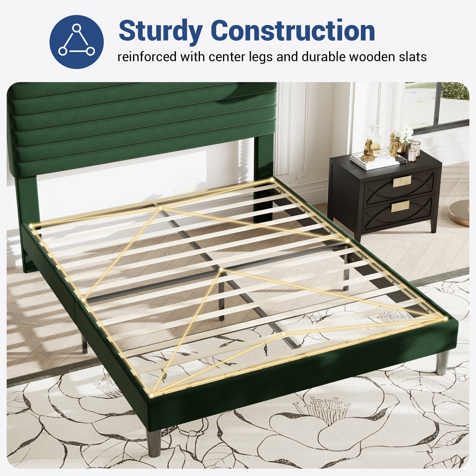Allewie Full Size Adjustable Headboard Bed Frame with 7.9'' Underbed Storage, No Box Spring Needed, Green
