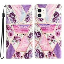 for iPhone 11 Marble Flower Pattern Wallet Case, with Card Slots Holder Wrist Strap Magnetic Clasp Kickstand Cover, Premium PU Leather   TPU Shockproof Case for iPhone 11,Purple Flower