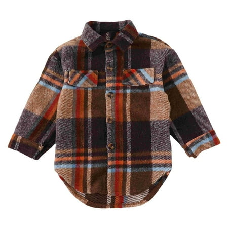 WhouRiu Little Boys Jacket Fleece Plaid Turndown Collar Button Shirt Child Warm Comfy School Loose Fall Jackets Brown Sized 5-6