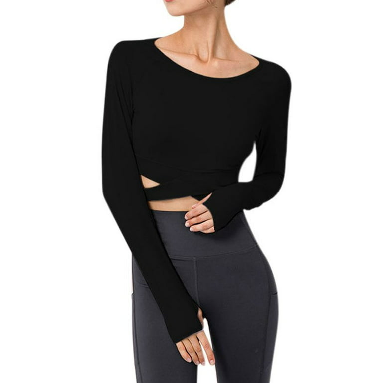 Women's Long Sleeve Crop Tops Workout Tops Running Shirts,Tummy Cross  Crewneck Quick-drying Yoga Gym Jogging Hiking Athletic Shirts with  Padded,Sun Protection UPF 50+ Thumb Hole Tops,Black XXS-L 