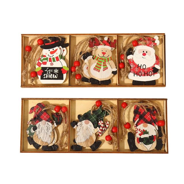 2 cajas de decoración navideña, colgante creativo de baile sin rostro, muñeco de nieve, alce, artesanías de madera pintadas, accesorios de regalo