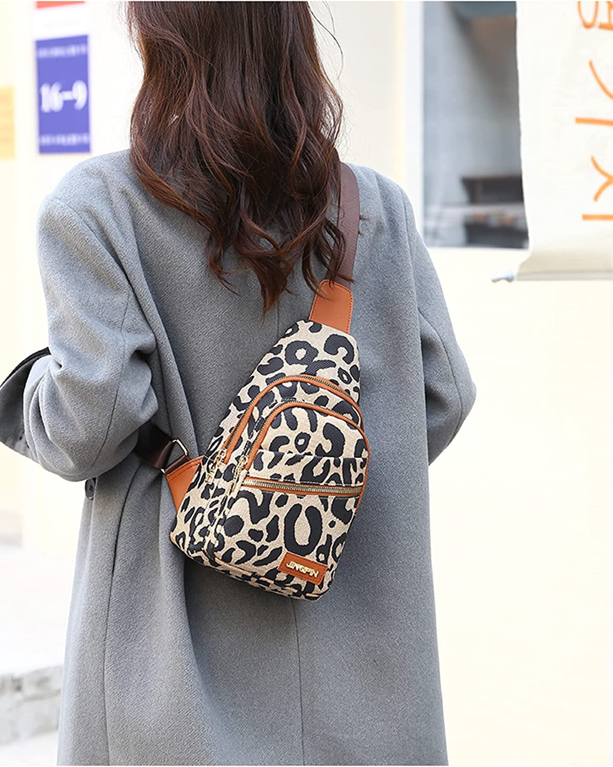 Euphrates Women's Leopard Print Leather Sling Crossbody Bag, Black