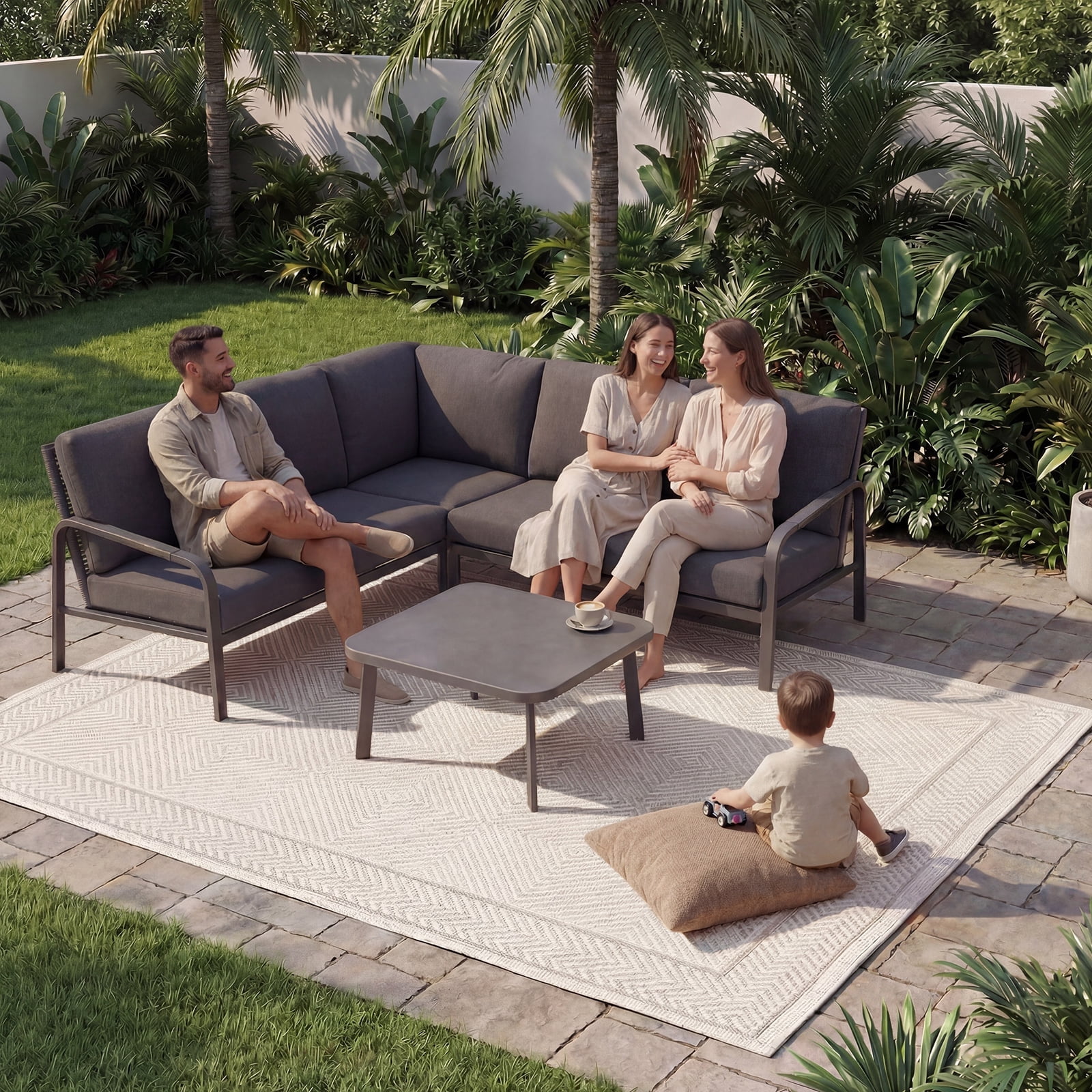 CozyJoy Aluminum Outdoor Corner Sofa Set with Coffee Table – Rattan Backrest Patio Lounge Furniture for Courtyard and Balcony ,Grey