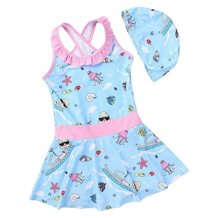 Gvdentm Baby Girl Swimsuit Toddler Bow Ruffle Swimsuit Bikini Tankini Swimwear Girls One Piece Bathing Suits+ Cap Blue 6-7Years