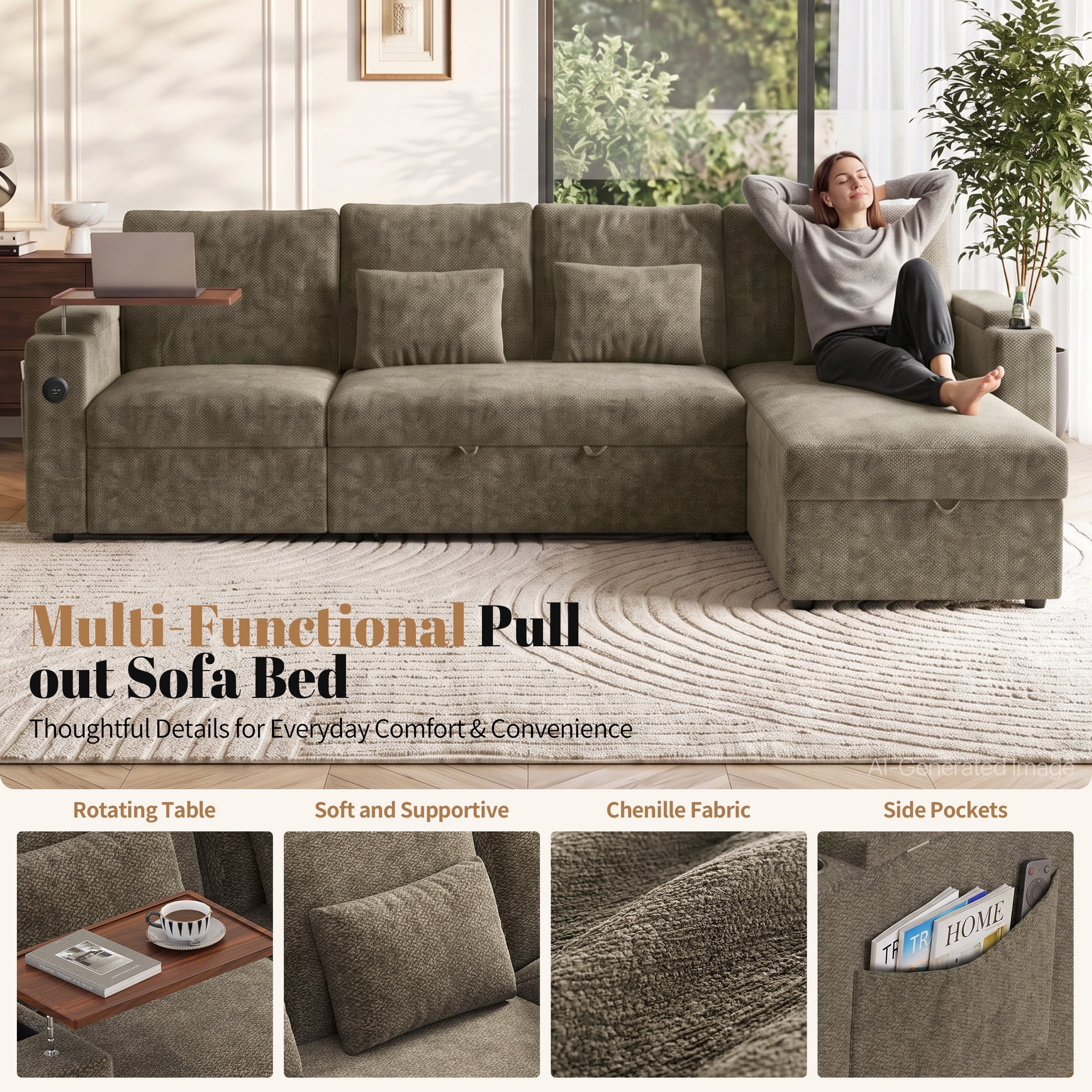 Aenkyo 108" L-Shaped Sectional Sleeper Sofa with Pull Out Bed, Recliner and Storage Chaise, Khaki