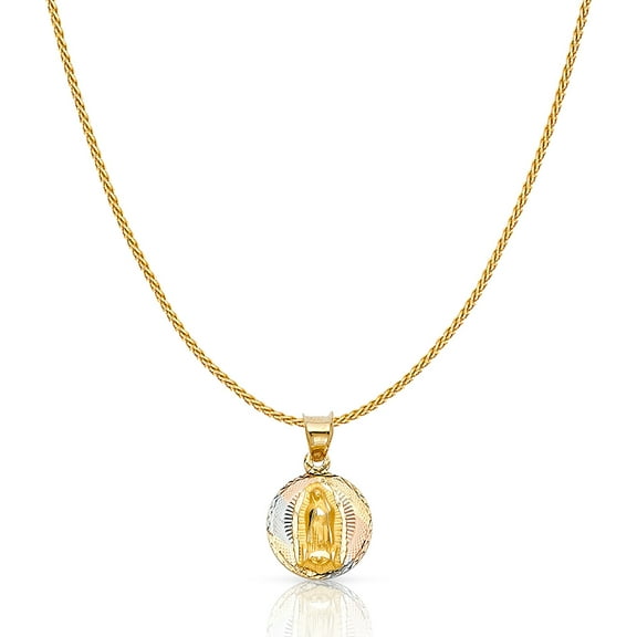 Ioka-14K Tri Color Solid Gold Diamond Cut Our Lady of Guadalupe Stamp Charm Pendant with 0.9mm Wheat Chain Necklace - 20"
