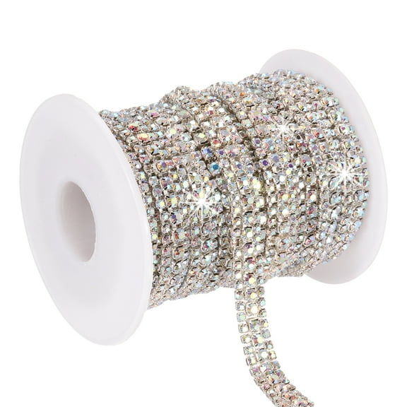 Uxcell 6 Yards Rhinestone Chain Roll, 3 Rows Crystal Close Chain Bling Trim, Silver/AB Colorful