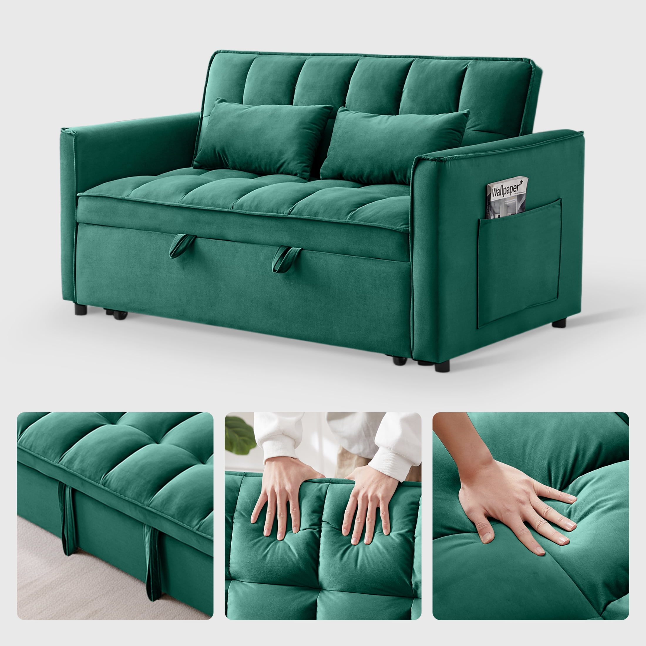 Vinform 55" 3 in 1 Convertible Sleeper Sofa Bed, Pull Out Loveseat Couch with Storage Pocket, Green