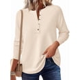 thumbnail image 2 of Women's Crew Neck Button Henley Waffle Knit Loose Long Sleeve Top Color XXL, 2 of 5
