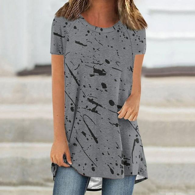 Blouses for Women, Womens Casual Printed Front Short Back Long Raglan Short Sleeved Round Neck Top