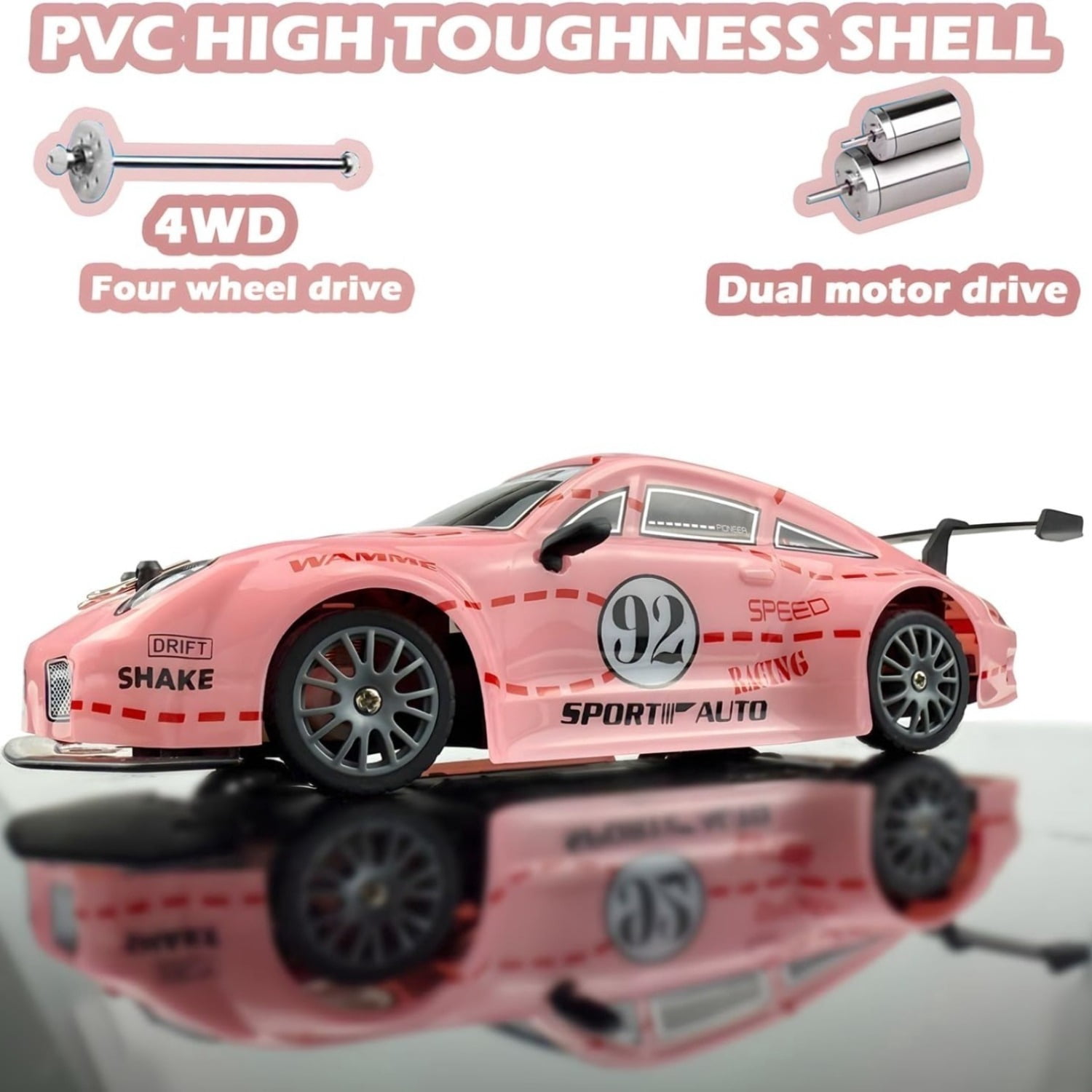 Pink RC Drift Car , 1:24 Scale 4WD High Speed Remote Control Car with 2.4GHz, LED Lights & 2 Batteries, Racing Toy Christmas game