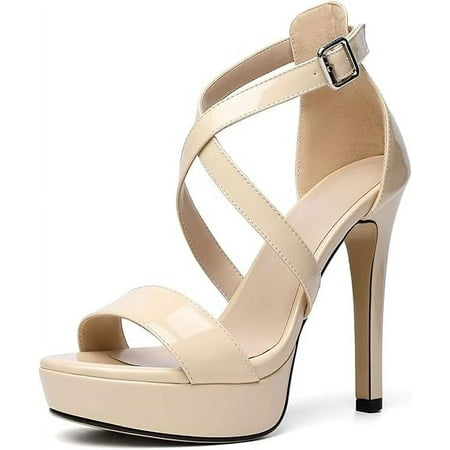 

hotio 2024 Women Cross Strappy Peep Open Toe Sandals Platform Ankle Strap Stiletto High Heel Dress Shoes Wedding Patent 4.7 Inch Sandals