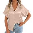 thumbnail image 2 of Blusa elegante de satén con puños enrollados para mujer: color liso, tejido lujoso, para el trabajo o para llevar de forma informal, tallas S-XXL, ligera y transpirable., 2 of 8