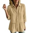 thumbnail image 6 of AKOEE Linen Button Up Shirts for Women with Lace Details 3/4 Sleeve Lapel Collar Loose Casual Summer Blouses (XL, Khaki), 6 of 7