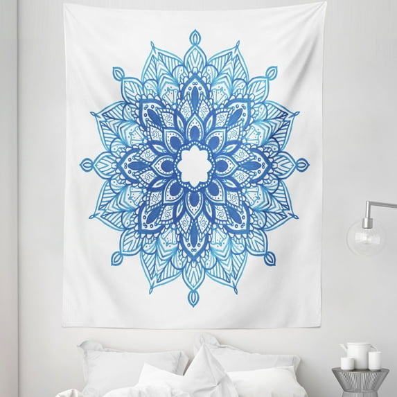 Blue Mandala Tapestry, Pointy Petals Ornament Ethnic Floral on Plain Background, Fabric Wall Hanging Decor for Bedroom Living Room Dorm, 5 Sizes, Azure Blue Deep Sky Blue, by Ambesonne