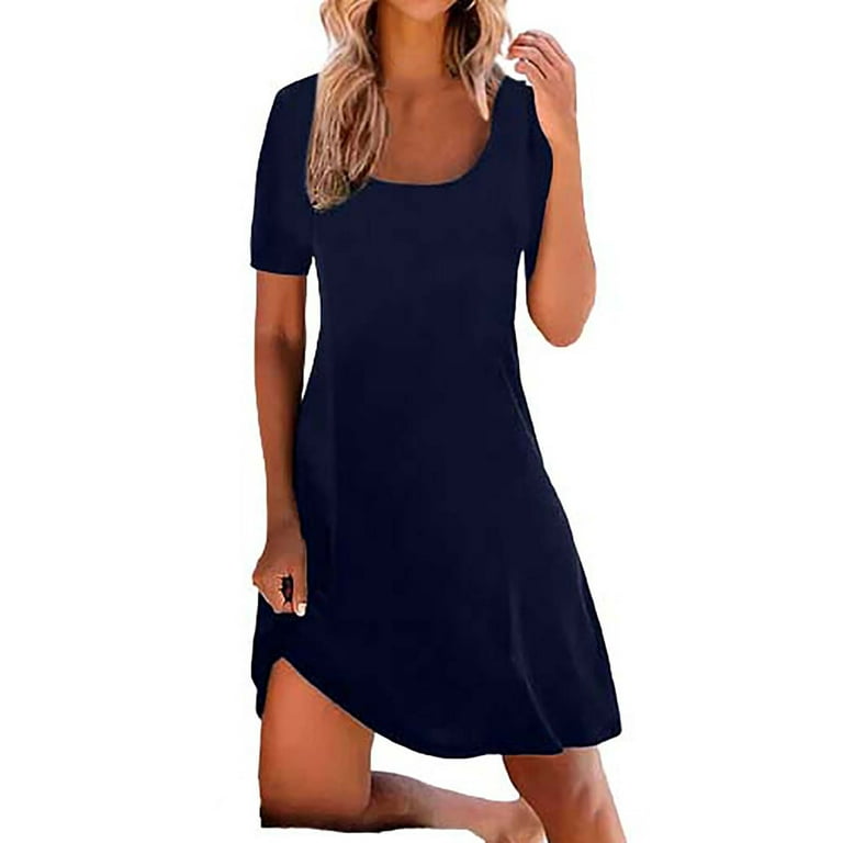 Hombom Shift Dress for Women Dark Blue Short Sleeve Casual Dresses for Women Square Neckline Solid Womens Linen Sundresses M Hombom Shift Dress for Women Dark Blue Short Sleeve Casual Dresses for Women Square Neckline Solid Womens Linen Sundresses M