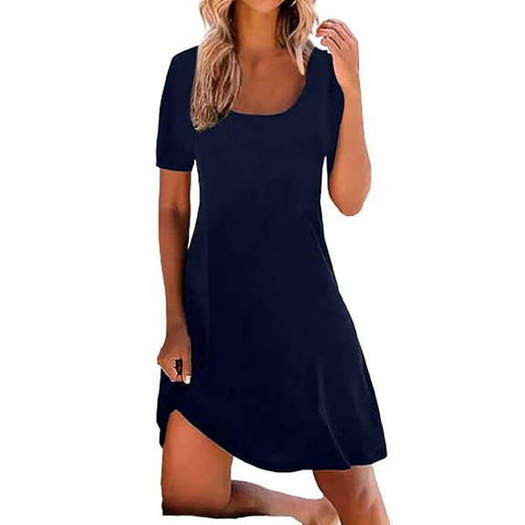 Summer Tshirt Dresses for Women, Womens O-Neck Short Sleeve Sundress Swing Flowy Mini Dress Loose Casual Trendy Dress