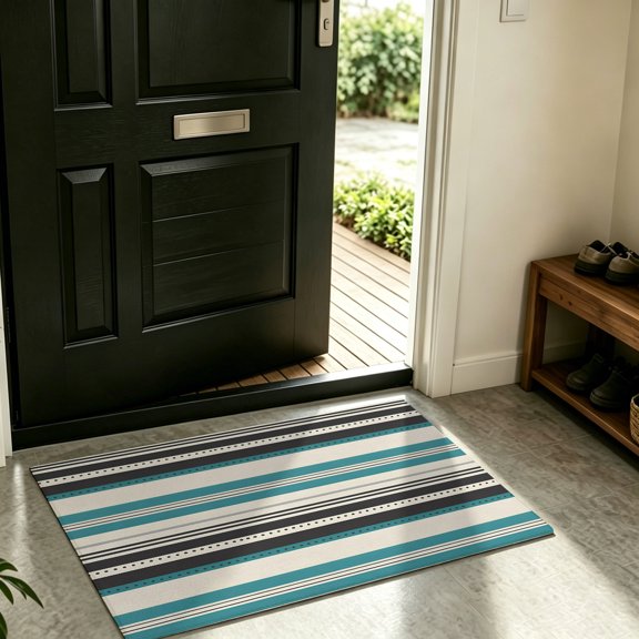 Front Door Mat,Welcome Mats Blue Black Stripes Low Pile Doormat Non-Slip Entrance Rug Vintage Lines on Linen Indoor Outdoor Floor Mats for Entryway Bathroom Kitchen,16x24in