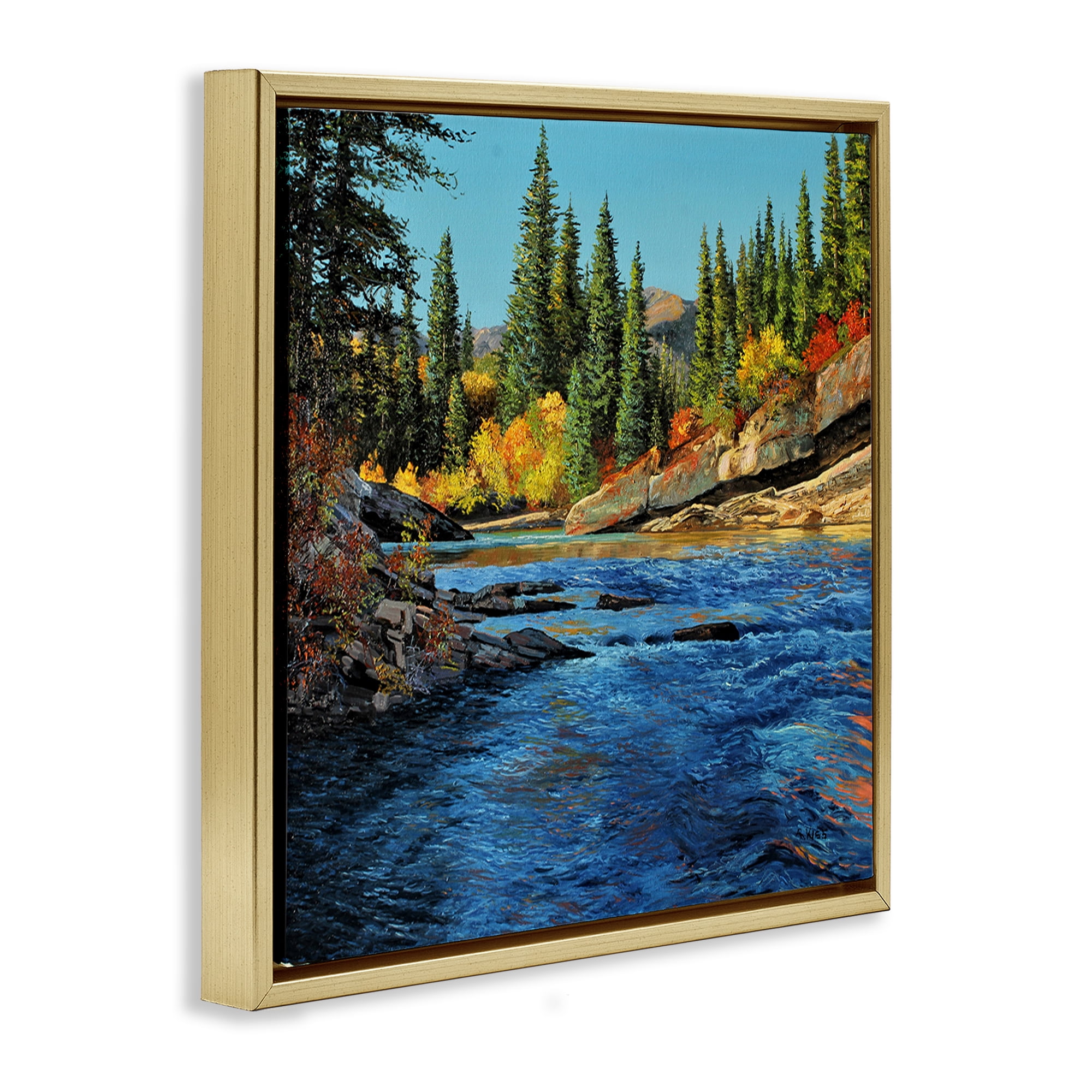 Stupell Industries Morning Rushing River Landscape & Nature Painting Gold Floater Framed Canvas Art Print Wall Art, 25 x 25
