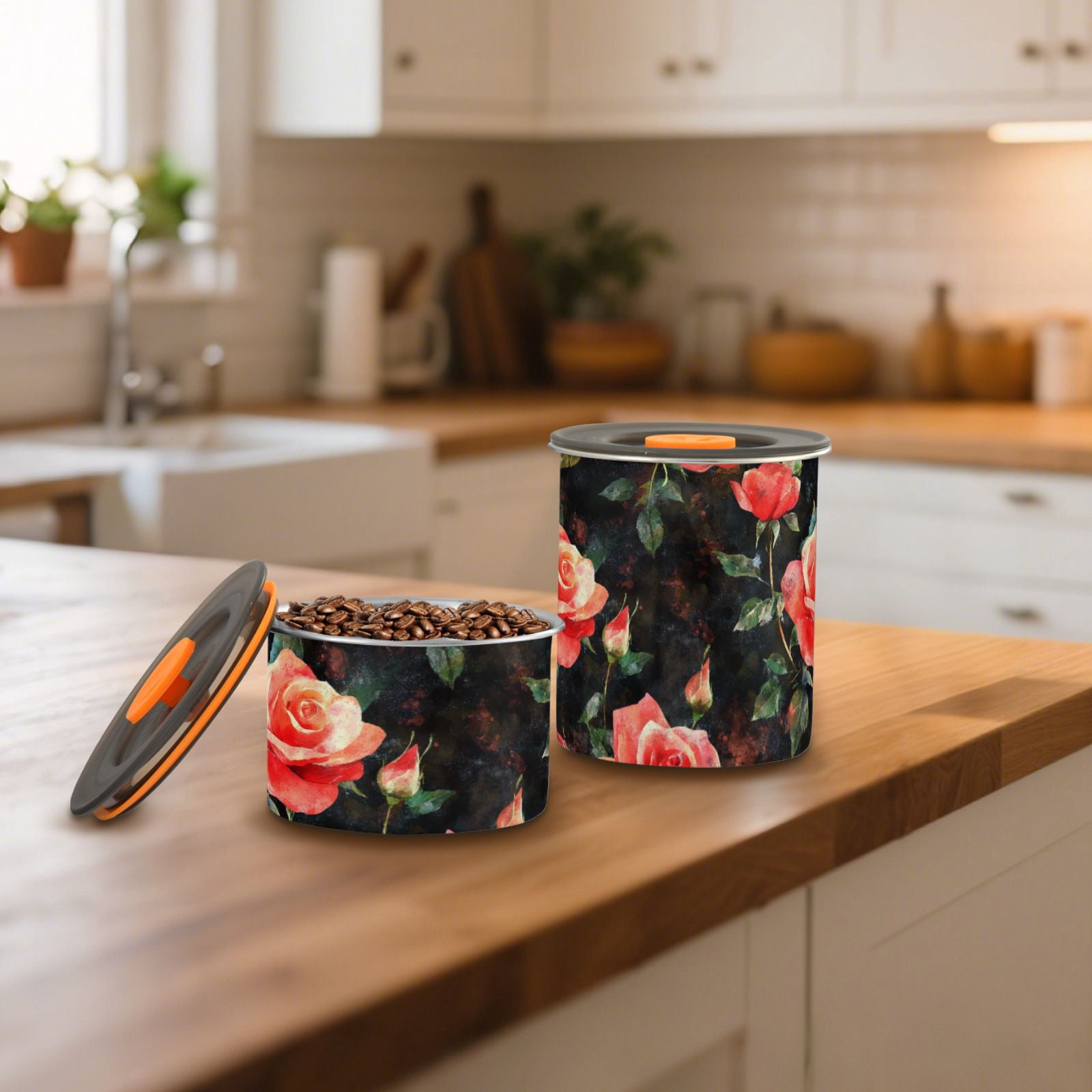 Red Rose Flowers Floral Airtight Coffee Bean Canister 30oz Food Storage Containers with Lids For Gournd, Tea, Sugar, Flour, Rice, Cereal, Candy Cookie Jar