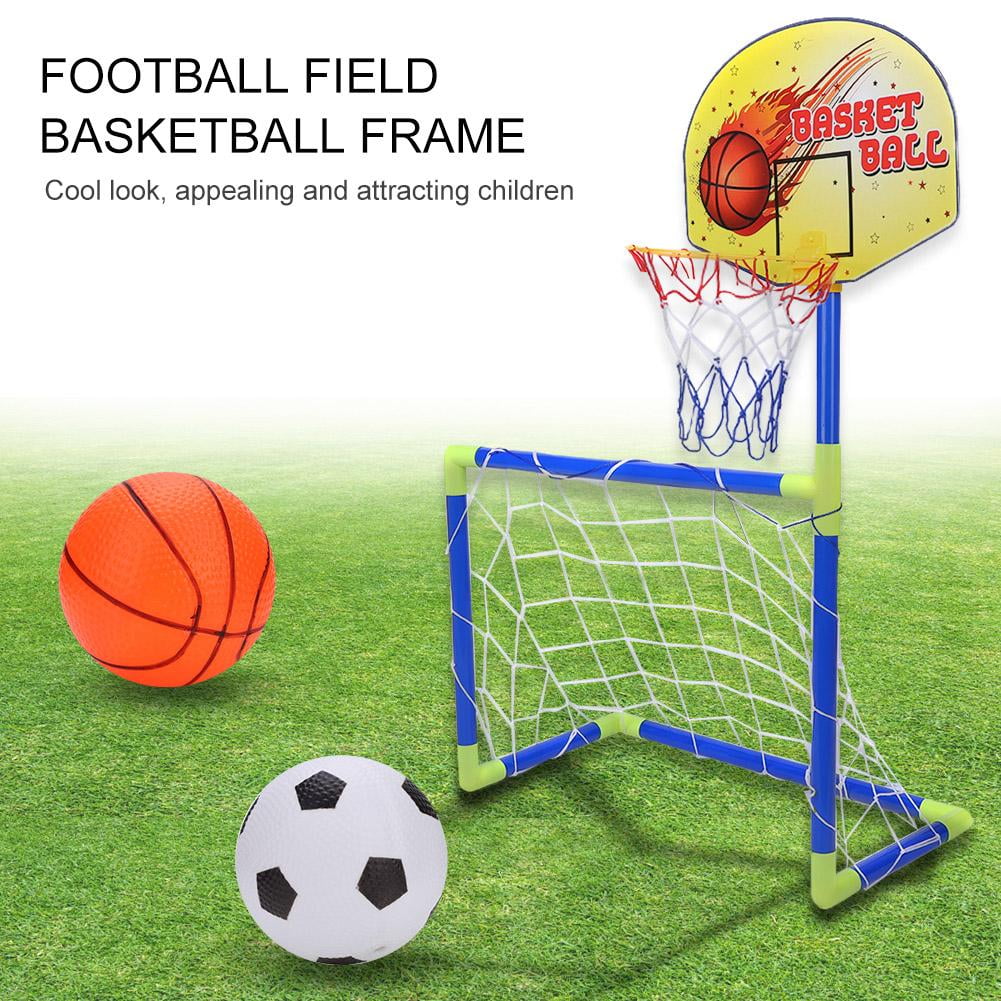 Kids Outdoor Play Sports Toys Set Portable Football Goal Basketball Hoop 2-in-1