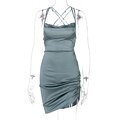 Dulzura Satin Women Strap Mini Dress Ruched Lace Up Cross Bandage Backless Bodycon Sexy Party Elegant 2020 Club Christmas SlimXL Gao Jinjia LED