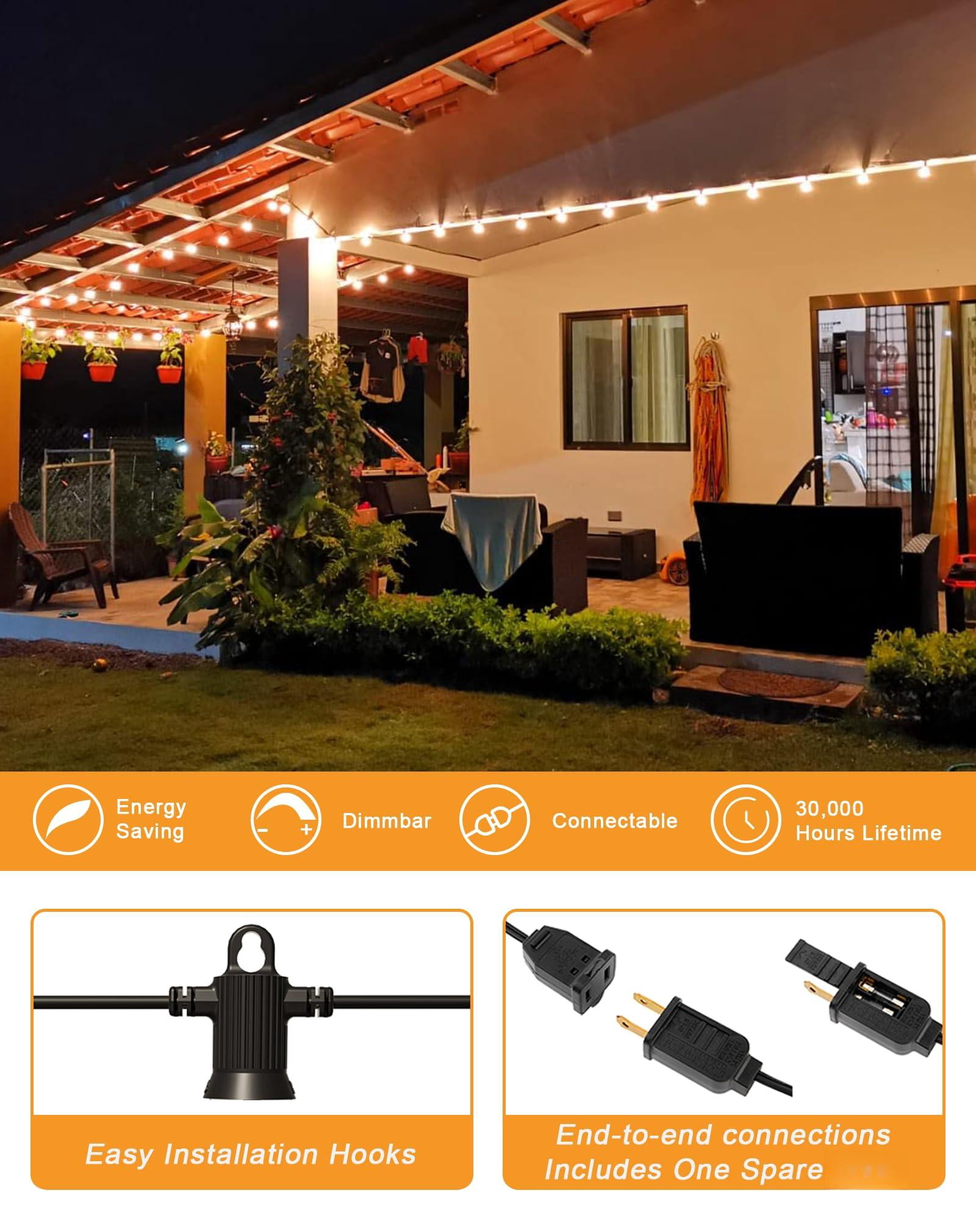 Outdoor String Lights  25ft Patio With 13 Shatterproof G40 Globe Bulb(1 Spare) Waterproof Connectable Dimmable Led Hanging For Outside Backyard Porch Balcony 2700k