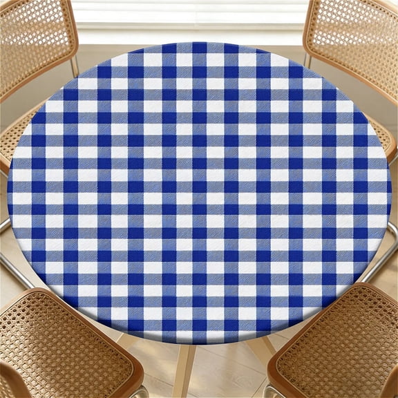YESAD Elastic Tablecloth For Round Tables, Waterproof Tablecover For Up To 36in Round Table, Dining Tablecover For Indoor And Outdoor, Holiday, Blue Gingham Check
