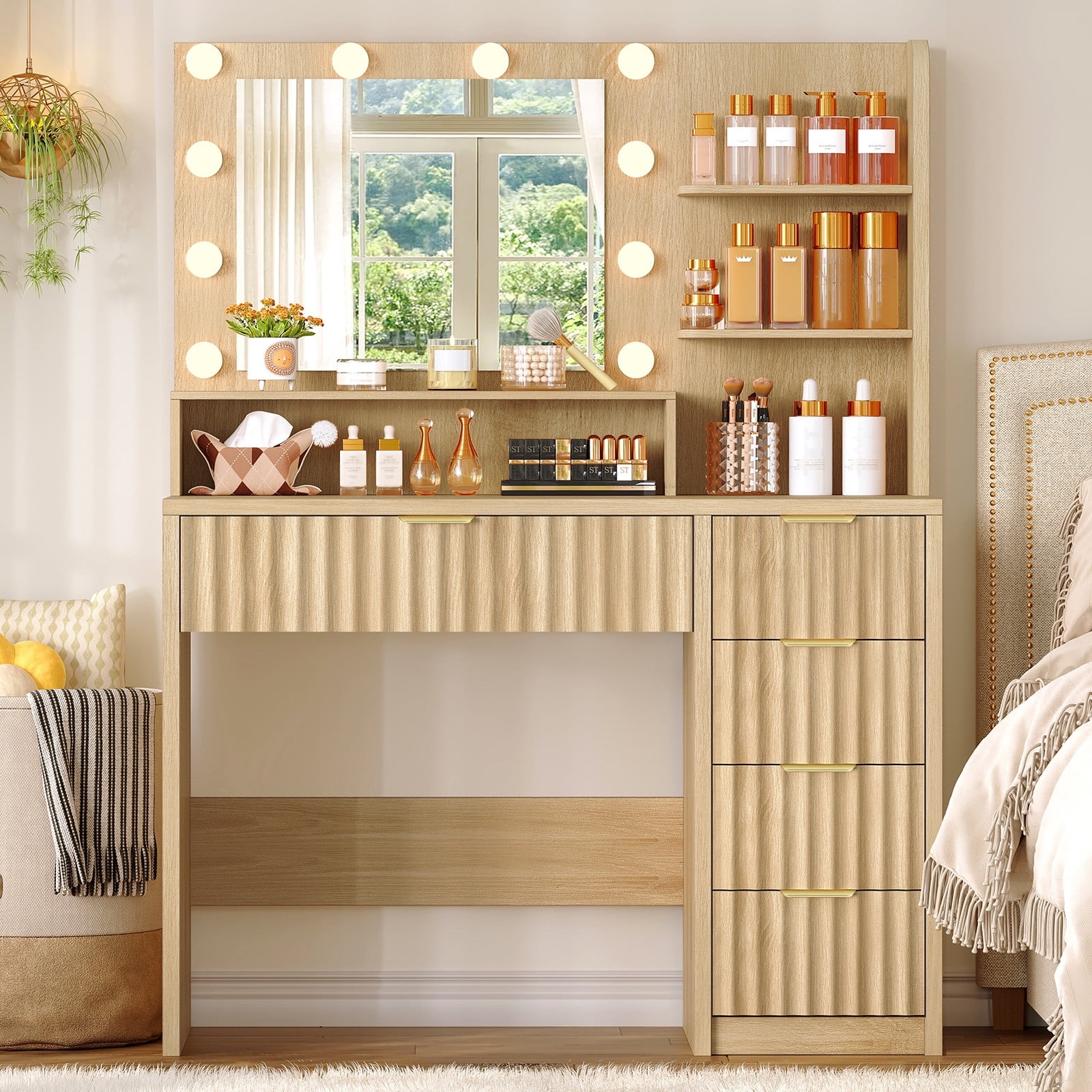 Makeup Vanity Set with Mirror & Lights, Vanity Desk with 5 Drawers & Storage Shelves, Makeup Vanity , 3 Color Modes & Adjustable Brightness Dressing Table, Bedroom, For Christmas gifts, Natural