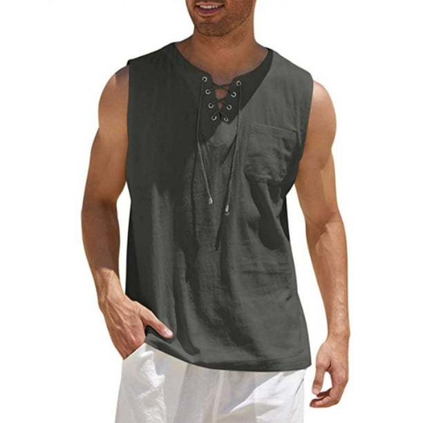 Camiseta sin mangas con cuello en V para hombre, color liso, moderna, holgada, informal, con cordón y bolsillo, sin mangas, de poliéster